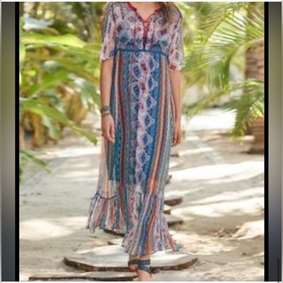 Sundance Dream In Color Blue Boho Sheer Western Patterned Maxi Dress sz M - Picture 3 of 4